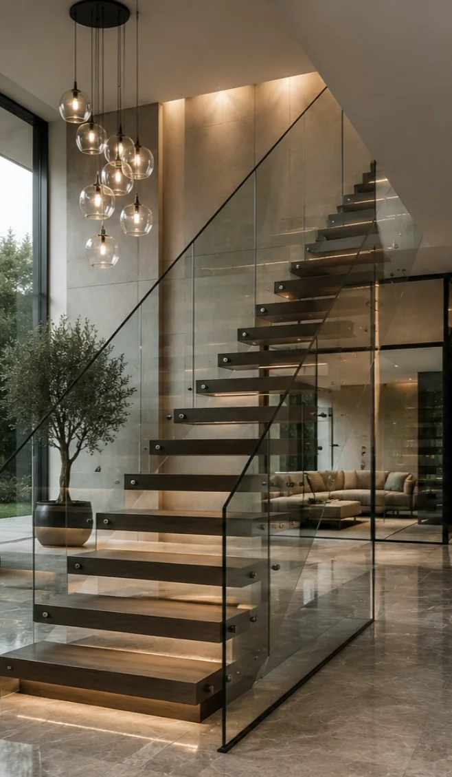 Scară interioară cu balustradă din sticlă realizată la comandă